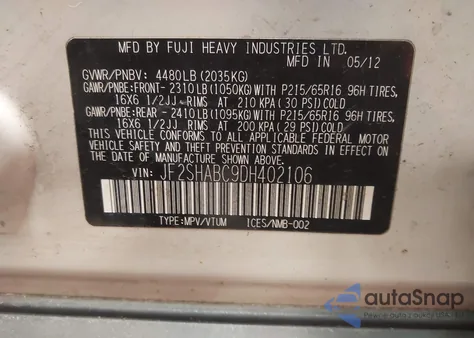 2013 Subaru Forester 2.5X from USA, damaged, VIN JF2SHABC9DH402106
